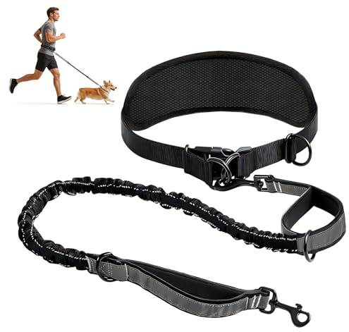 elthmpr Guinzaglio da jogging per cani con cintura addominale – Guinzaglio per cani con doppio manico a mani libere, cintura elastica per la pancia per cani, per escursioni, jogging, corsa, cane