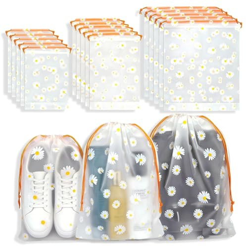 15Pcs Travel Shoe Bags, Dust Proof Shoe Storage Bags, 3 Sizes Reusable Travel Storage Bag, Underwear Bag, Transparent Waterproof Shoe Bags Storage, Drawstring Shoe Bag for Men Women Kid (Daisy)
