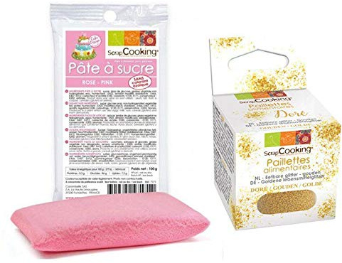 Pâte à sucre rose 100 g + paillettes dorées