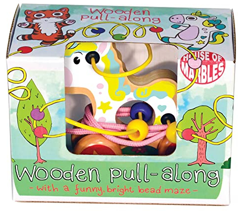 House of Marbles Wooden Unicorn Pull-Along Toy with Built-In Bead Maze, Colourful Wheeled Toddler Activity for Hand-Eye Coordination