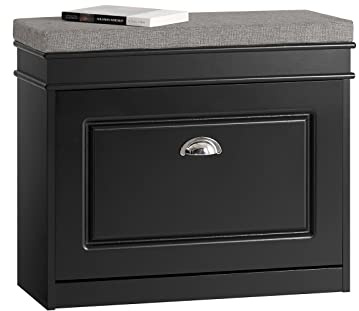 SoBuy Shoe Storage Bench with Seat Cushion - Narrow Shoe Cabinet with Flip Drawer, 2-Tier Rack, 150kg Load - Compact Hallway Storage Unit for Small Spaces Black W61 x D24 x H51cm FSR82-K-SCH