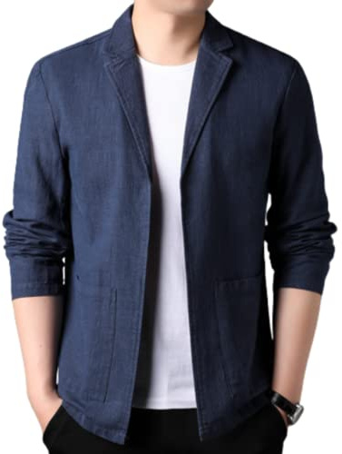 LIRU - Blazer Hombre, Lino Casual Para Hombres, Traje Sin Botones, Chaqueta Bolsillos Grandes, Abrigo Blazer Deportivo Elegante, Azul Marino, Ajuste Regular, Adecuado Para La Fiesta De Graduación