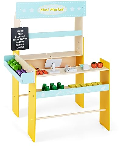 COSTWAY Kinder Kaufladen, Kaufmannsladen aus Holz mit Abnembare Tafel, Seitentheke, POS-Maschine, Scanner & Marktspielzeugset, Verkaufsstand Supermarkt für Kinder ab 3 Jahren