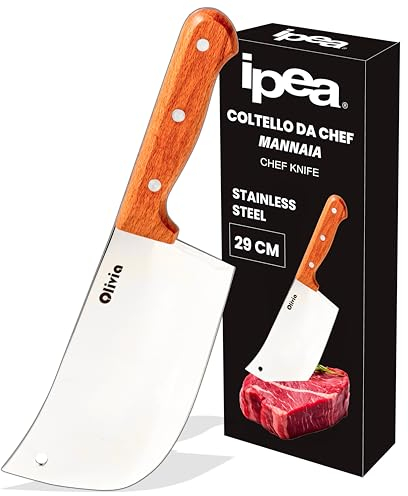 IPEA Mannaia da Cucina - Coltello da Chef Professionale - 29 cm - Lama Affilata in Acciaio per Tagliare Carne ed Alimenti - Impugnatura Ergonomica in Legno - Coltello da Cuoco e Macellaio