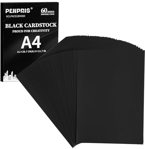 PENPRIS 300 gsm svart kartong - 60 ark A4-storlek kartong pappersskyddskort lager 100 kg tungvikt papper tjockt papper för gör-det-själv-korttillverkning, inbjudningar, vykort, visitkort PAC01BK060 | PENPRIS Täckkort lager dubbelsidigt tungviktspapper för gör-det-själv-korttillverkning, inbjudningar, visitkort PAC01BK060