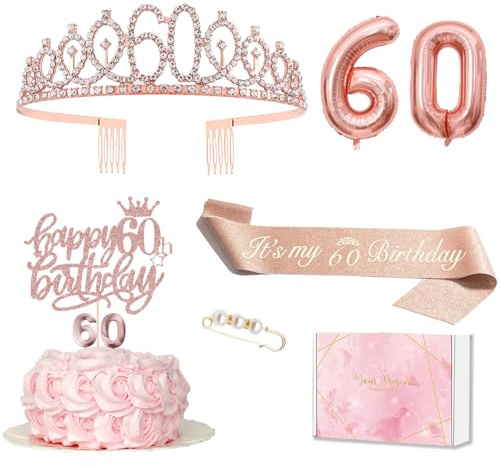 MURISE Decorazione per 60° Compleanno Donna, Corona e Fascia, Topper Torta, Candele, Palloncino Oro Rosa, Regalo per Feste