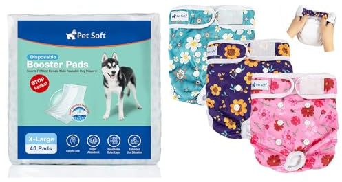Pet Soft Washable Female Diapers (3 Pack) + Dog Diaper Liners XL-40ct