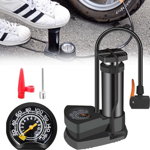 SUQ Fußpumpe, Ausgestattet Mit Manometer, Tragbare Luftpumpe, Fußbetätigte Luftpumpe, Aufblasbares Pumpenpedal, Inklusive 2 Aufblasstiften, Stabile Luftmatratzenpumpe Für Alle, Kompakte Fußpumpe