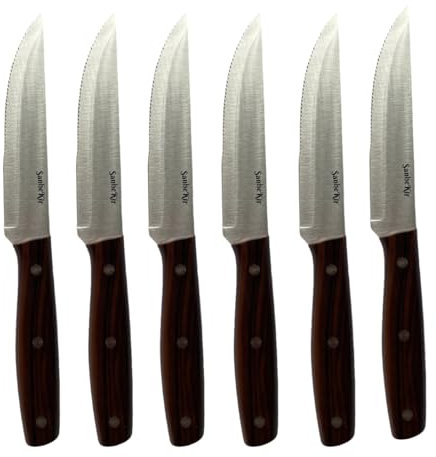 SanheKit Lot de 6/12 couteaux à steak en acier inoxydable à haute teneur en carbone, design Full-Tang, manche en plastique avec grain de bois, couteau à viande dentelé, couteaux de table tranchants