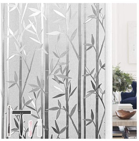 Finnez Pellicola per Finestre con Strumento - Bambù Pellicole Privacy Finestra, Opaca Non Adesiva 3D Finestre Decorativa Statica Anti-UV per Bagno Camera da Letto Cucina 44,5 x 200 CM