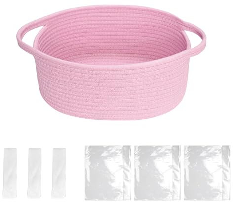 ACESOME Geschenkkorb, Präsentkorb Leer, GroßE Leere GeschenkköRbe Mit Griffen, Baumwollseil Körbe für Geschenke mit Transparenten Geschenktüten und Zugschleifen für Blumen Kunsthandwerk (Rosa)