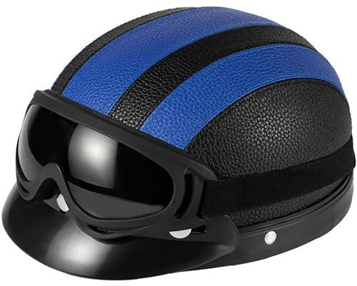 Retro Motorradhelm Scooter-Helm DOT/ECE Genehmigt Leder Halbschalenhelm, Open Face Helm Mit Brille, Schnellverschluss Schnalle, Erwachsene Halbschale Jet-Helm Für Männer Und Frauen 10,55-62CM