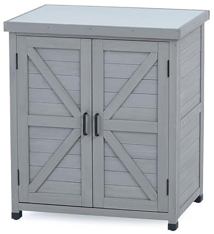 Armadietto portaoggetti da esterno e tavolo da vaso 2 in 1, grandi dimensioni 80 x 45 x 92 cm, corpo in legno di tsuga premium e piano in metallo, impermeabile e resistente all'umidità, per piantare