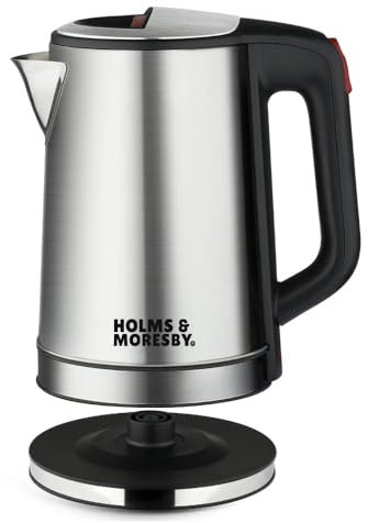 Holms & Moresby Brushed Stainless Steel Electric 2.3L Cordless Kettle (Quiet & Fast Boil 1800W, washable anti-scale filter, Pull to open hinged lid, Perfect pour spout) UK Brand