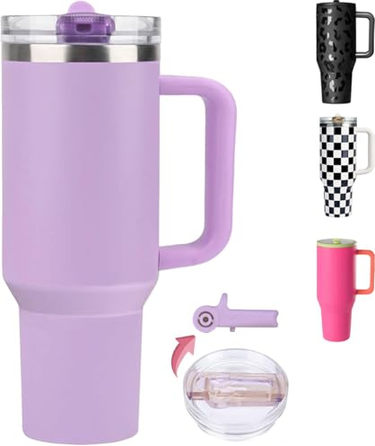 ZHUIYIWIN Termo con Pajita 1.2L Acero Inoxidable 304 Antifugas.Tumbler 1.2L.Vaso Termico con Asa, Tumbler para Frío y Caliente, para Viaje, Gimnasio, Oficina (Morado oscuro, 1180 ml)