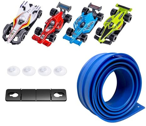 Pista doble de 5 m, pista de carreras flexible para autos de juguete con 4 autos fundidos a presión y ventosa flexible, pista enrollable portátil, regalos de cumpleaños de Navidad para niños de 3, 4