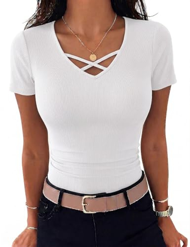 Aottori Womens Short Sleeve Tops Ladies V Neck Ribbed Knit Plain Slim Fitted T Shirts Basics Stretch Summer Tunic Long Cross Front Casual UK Tee