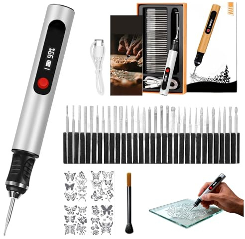 Snrtevu Kit Complet de Graveur Électrique - Le Graveur, Stylo Graveur Sans Fil 3 Vitesses, 30 Têtes et Multiple Gabarits, Outil Portable pour Gravure sur Bois/Métal/Verre DIY (1PC-A1)