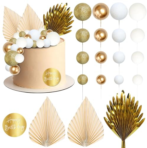 28 Pezzi Decorazioni Torta Compleanno Oro e Bianco Palline Decorative per Torte Foglie di Palma Ventaglio di Carta Decorazioni per Torte Boho Matrimonio Cerimonia di Laurea