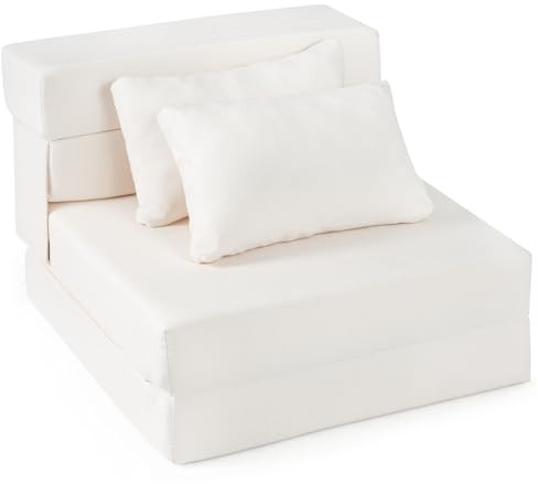 COSTWAY 3 en 1 Sofá Cama Plegable, Sillón Convertible en Colchón con 2 Almohadas, Tejido de Chenilla, Relleno de Esponja, Puff Cama Plegable para Suelo, Dormitorio, Oficina (198x76x14 cm,Beige)