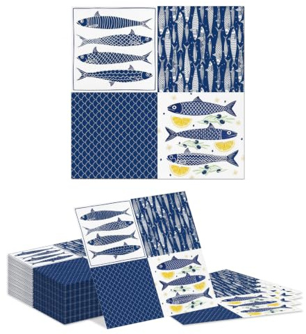 Tapufitil 40 Unidades Servilletas de Pescado Desechables, Servilletas de Papel Marítimas Azules, 32x32cm Servilletas de Papel para Fiesta de Verano, Fiesta en la Playa y Fiestas Mediterráneas
