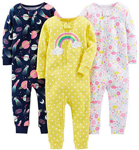 Simple Joys by Carter's Toddler Girls 3-pack Snug-fit Footless Cotton Pajamas, dinosaur, space, rainbow, 4T