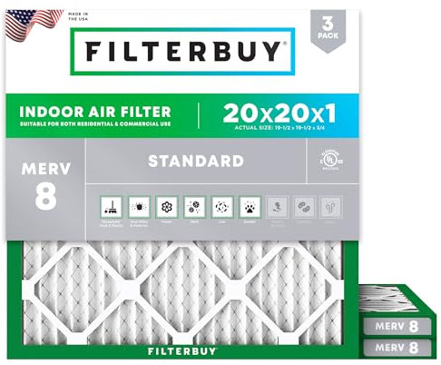 Filterbuy 20x20x1 Air Filter MERV 8 Dust Defense (3-Pack), Pleated HVAC AC Furnace Air Filters Replacement (Actual Size: 19.50 x 19.50 x 0.75 Inches)