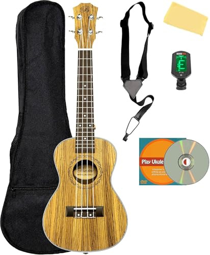 Barcelona Zebra Wood Concert Ukulele Bundle with Gig Bag, Tuner, Strap, Austin Bazaar Instructional DVD, and Polishing Cloth