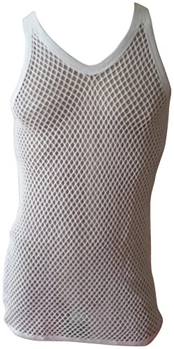 CRAZY LIZARD Unisex White String Vest. Heavy White Cotton Gym Vests for Men UK. Unisex String Vests for Men UK. The Classic British mesh Vest with See Through Fishnet Fabric.