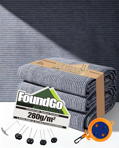 FoundGo Tappeto da campeggio con occhielli, 250 x 500 cm, 280 g/m², in HDPE; tappeto da campeggio per esterni, con borsa da trasporto, 8 picchetti e corda per biancheria retrattile, blu/grigio