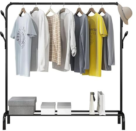 PetHot Clothes Rail for Bedroom Hanging Rail for Clothes Coats, Metal Clothes Rack with Hooks and Mesh Shlef, Heavy Duty Garment Hanging Rack with Storage Shelf, Store Boxes Shoes Coats (Black)