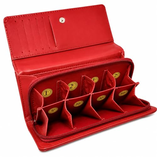 Frédéric Johns - Porte Monnaie trieur + Compartiment Billets - 8 Compartiments séparés - Euro - Porte Monnaie Femme ou Homme - Qualité supérieur - idée Cadeau (Rouge XL)