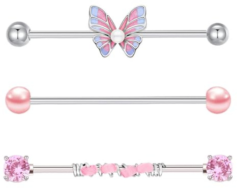 Besyvvin 3 Piezas 38mm Piercing industriales Acero Inoxidable Rosa 14G Andamio Barbell Joyería de perforación Industrial CZ Mariposa Perla