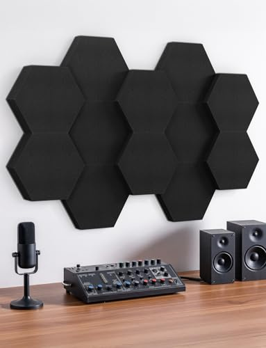 Acoustic Foam Panels, 1.57 & 2.75 Dual-thickness, 12 Pack Sound Absorbing Foam Tiles for Walls, Doors, Ceiling, 12 x 10 3D Hexagon Decorative Art Panels for Recording Studio, Room, Pared (Black)