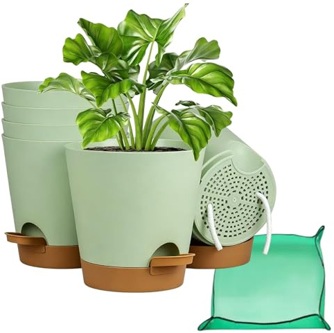 CNKHDZ 6 pack Vaso da fiori con sistema di auto-irrigazione 17.8cm+ Foldable Plant Repotting, vaso da fiori in plastica con sistema di irrigazione, vaso per piante da interno e da balcone Verde