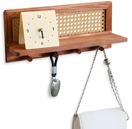 Xiuyer Wood Key Holder for Wall, Key Hooks with 4 Hooks, Wall Mounted Key Holder with Storage Shelf for Mail, Phone, Small Decor, Ideal forfor Hallway, Entryway, Bedroom, Office (Camel)