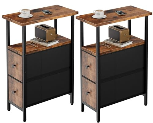 YMYNY Tavolino Salotto Stretto 2 pezzi, Comodino con 2 Cassetti in Tessuto, Tavolino da Letto per Spazi Ridotti, Tavolino da Divano per Camera da Letto e Soggiorno, Marrone Rustico HST019H-2