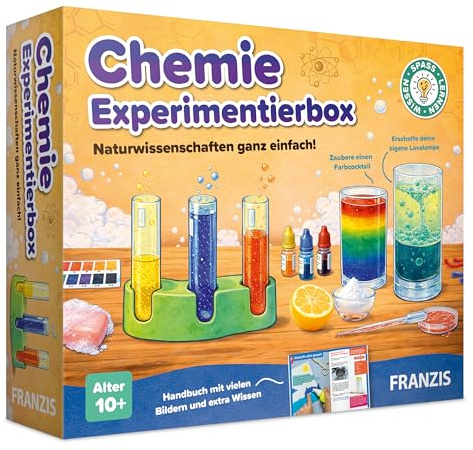 FRANZIS 67251 – Experimentlåda kemi, komplett set för mer än 20 experiment, inklusive kemikalier, tillbehör och 62-sidig manual, för barn från 10 år