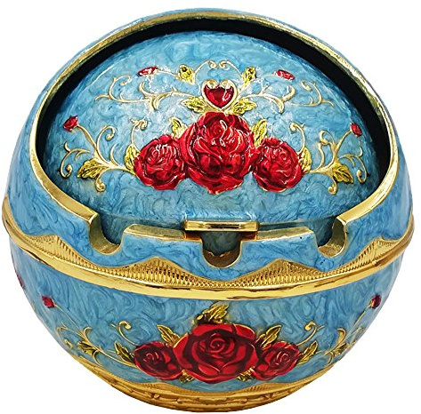 Windproof Ashtray with Lid for Outdoor and Indoor Use,Metal Portable Cigarette Ashtrays,Ball Ash Tray,Red Rose,Blue