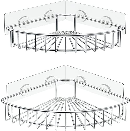 SMARTAKE 2-Pack Corner Shower Caddy, SUS304 Stainless Steel, Wall Mounted Bathroom Shelf with Adhesive, Storage Organizer for Toilet, Dorm and Kitchen (Silver)