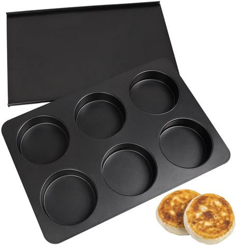 Elesinsoz 6 Cup Straight Side Jumbo English Muffin Cupcake Pan with Lid Hamburger Burger Bun Egg Sandwich Frittata Cinnamon Roll Focaccia Quiche Pancake Nonstick Baking Tin Tray Mold