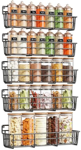 Mystozer 5 Pack Spice Rack Seasoning Organizer Wall Mount, Screw or Adhesive Hanging Shelf Basket Spice Organizer Shelf for Kitchen, Black