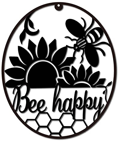 CREATCABIN Metal Bee Happy Wall Art Bee Hive Decor Wall Hanging Silhouette Sculpture Ornaments Iron Sign for Indoor Outdoor Home Living room Kitchen Garden Office Decoration Gift Black 12 x 10 Inch
