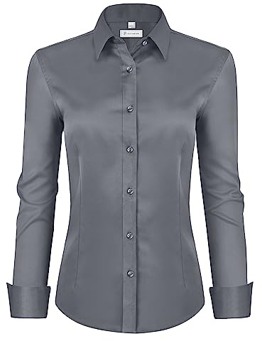 siliteelon Womens Classic-Fit Dress Shirts Long Sleeve Button Down Wrinkle-Free Stretch Solid Casual Work Office Blouse Top Grey Medium