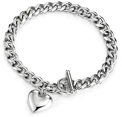 Rolo Gliederkette Charm-Armband für Damen, Gliederarmband Edelstahlarmband mit Puff Herz, Knebelverschluss, Poliert