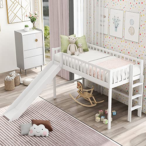 Merax Twin Size Junior Wood Loft Bed with Slide Loft Bunk Bed for Girls Boys,No Box Spring Needed,White