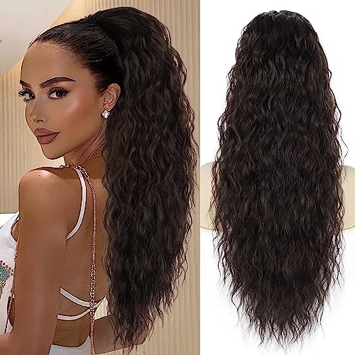 PORSMEER Pferdeschwanz Haarteil Lang 76 cm mit Kordelzug Wellig Locken Ponytail Extension dunkelbraun Natürliches Clip in Haarteil Ponytail Kunsthaar Haarzopf für Damen Afro Zopf Haarverlängerunge