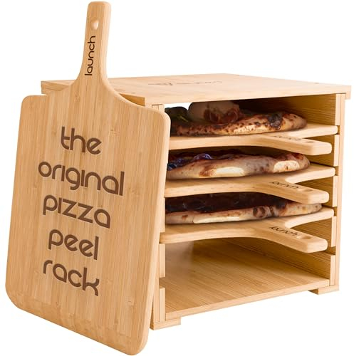 Slyced Wooden Pizza Peel Rack, Includes 4 x 12 Inch Non-Stick Bamboo Pizza Boards, Real Wood Pizza Paddle Stand, Innovative Design Allows You to Spend Less Time Prepping and More Time with Family