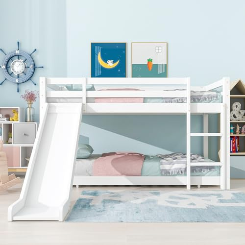 LTGB Children's Cabin Bed Frame with Slide & Ladder, Bunk Bed for Kids with Adjustable Ladder and Slide, Adjustable Lower Bed, Suitable for Kids Boys Girls (White, 190 x 90 cm + 200 x 90 cm)