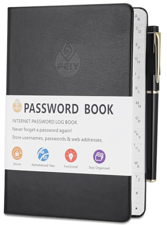 JIANTA Passwortbuch, Passwortbuch mit Register A-Z, und Gelstifte, Organizer für Websites, Benutzernamen und Passwörtern, Platz für 480 Passwörter, mit Stiftschlaufe, Gummiband, Innentasche(Schwarz)